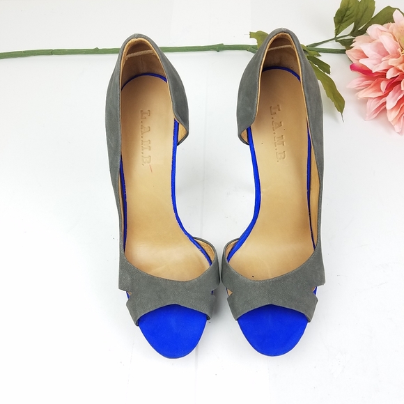 L.A.M.B. open-toe gray and blue suede heels sz 10 - Picture 3 of 8